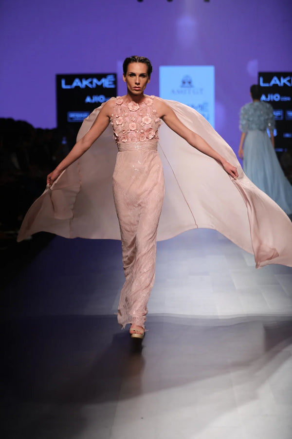 Light Pink Saree Gown With Cape Look - Luxury Fashion | AmitGT Couture