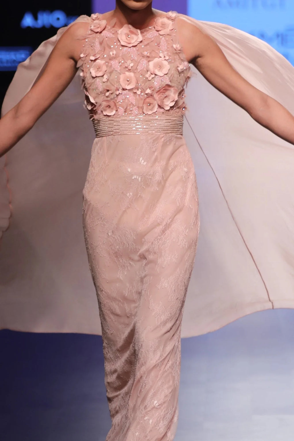 Light Pink Saree Gown With Cape Look