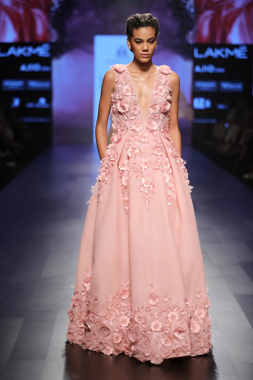 Pink Ball Gown With 3d Flowers Hand Embroidery