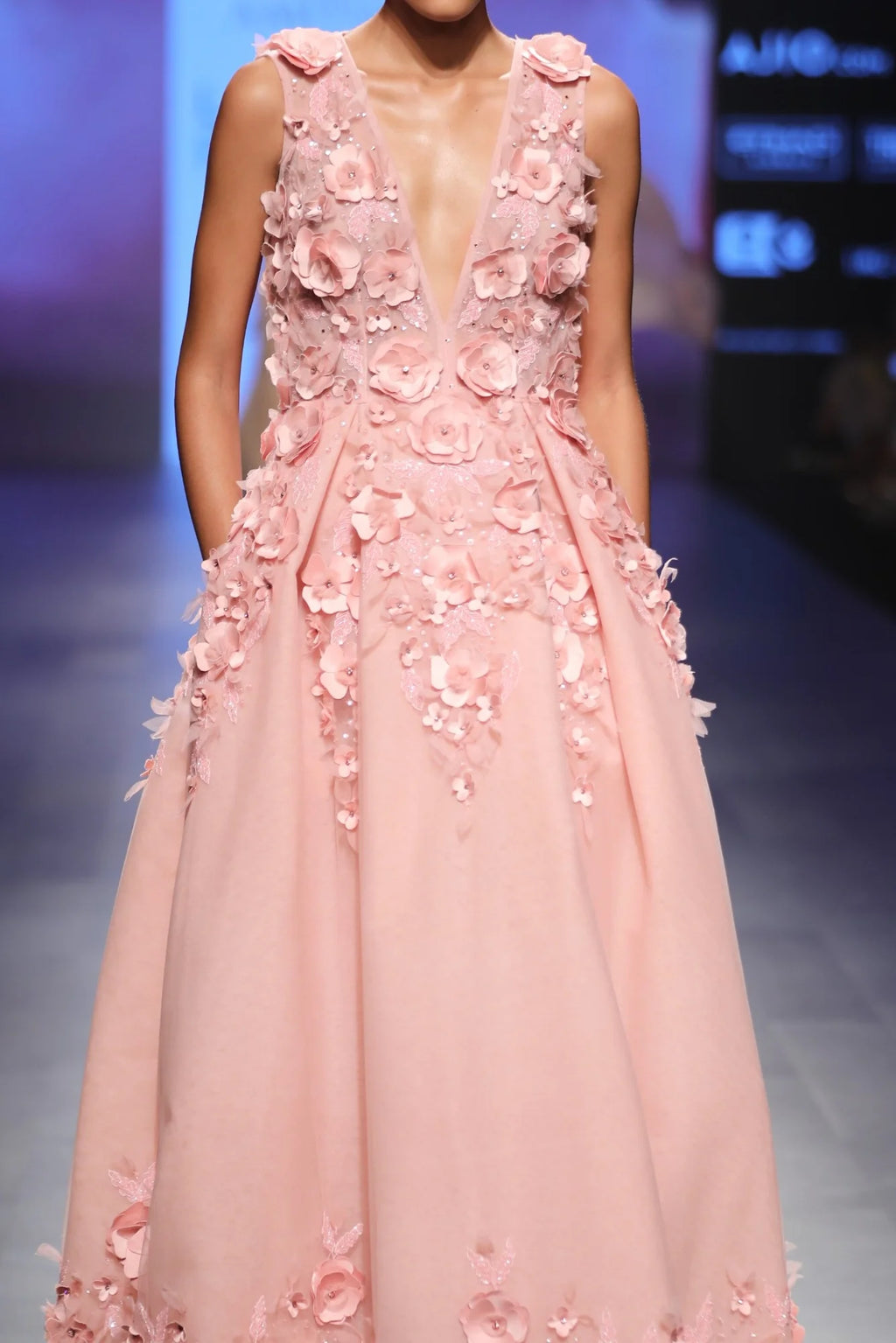 Pink Ball Gown With 3d Flowers Hand Embroidery