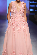 Pink Ball Gown With 3d Flowers Hand Embroidery
