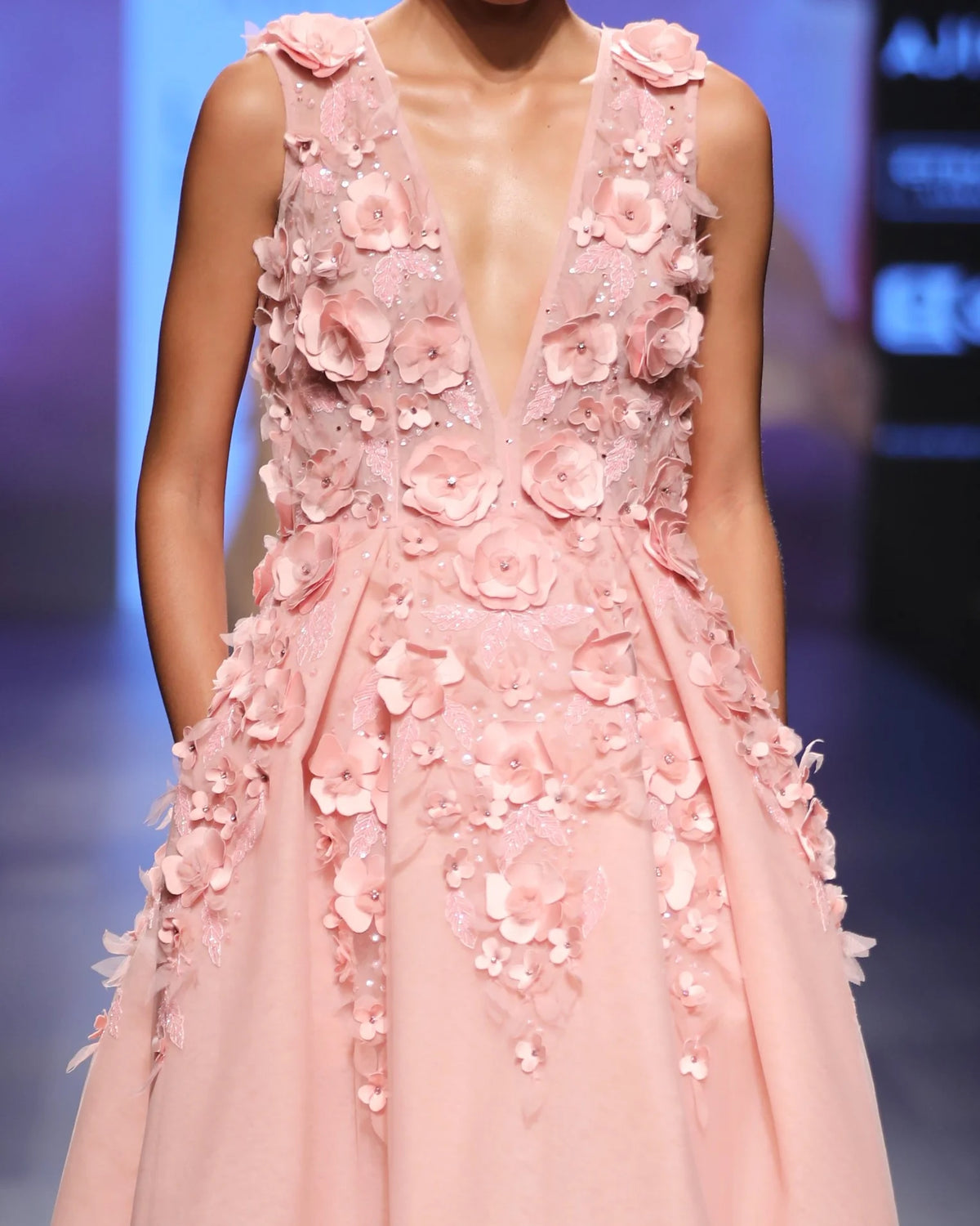 Pink Ball Gown With 3d Flowers Hand Embroidery