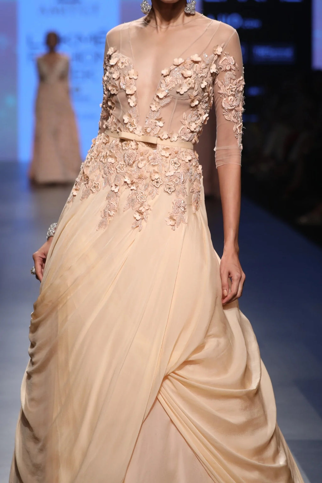 Peach Ball Gown Hand Embroidery Small Flower Motifs