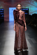 Bordeau Tulle Hand Embroidered Gown With Organza Drape | AmitGT Couture