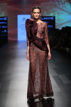Bordeau Tulle Hand Embroidered Gown With Organza Drape | AmitGT Couture