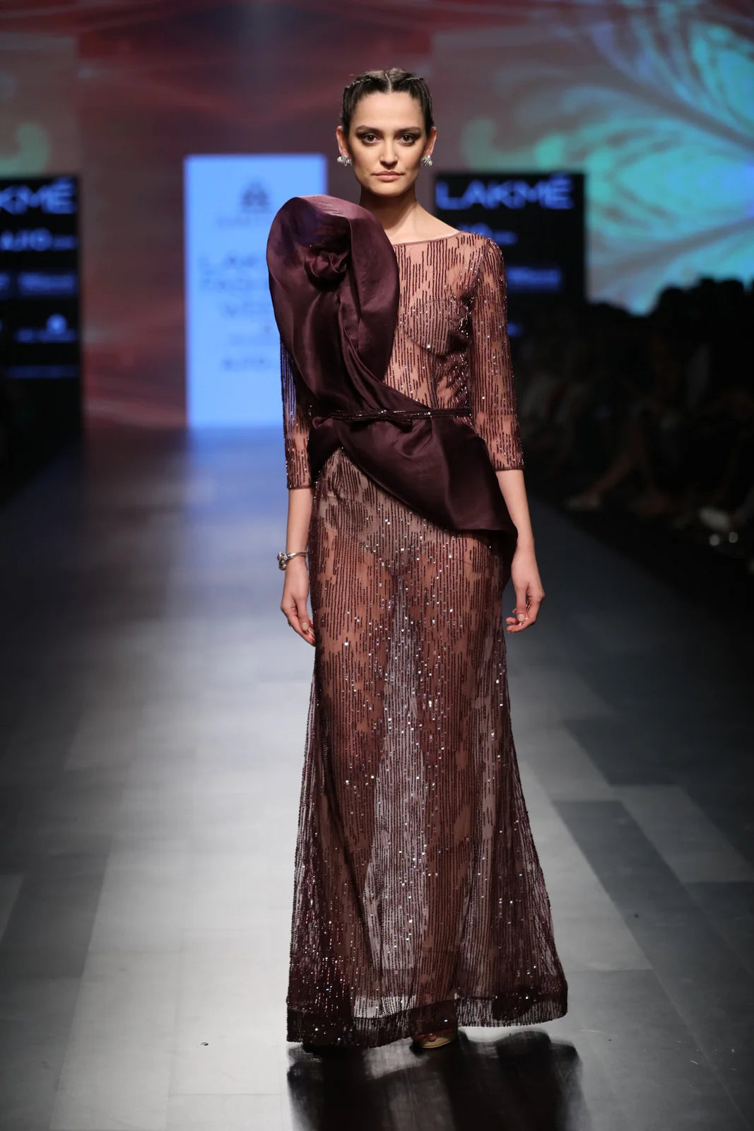 Bordeau Tulle Hand Embroidered Gown With Organza Drape | AmitGT Couture