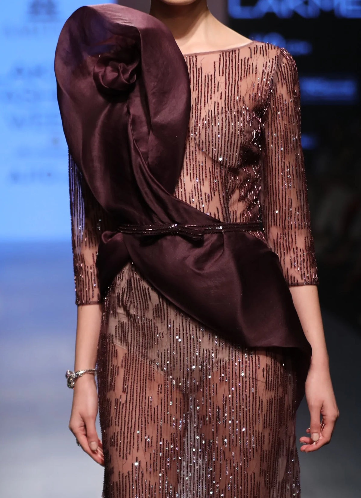 Bordeau Tulle Hand Embroidered Gown With Organza Drape | AmitGT Couture