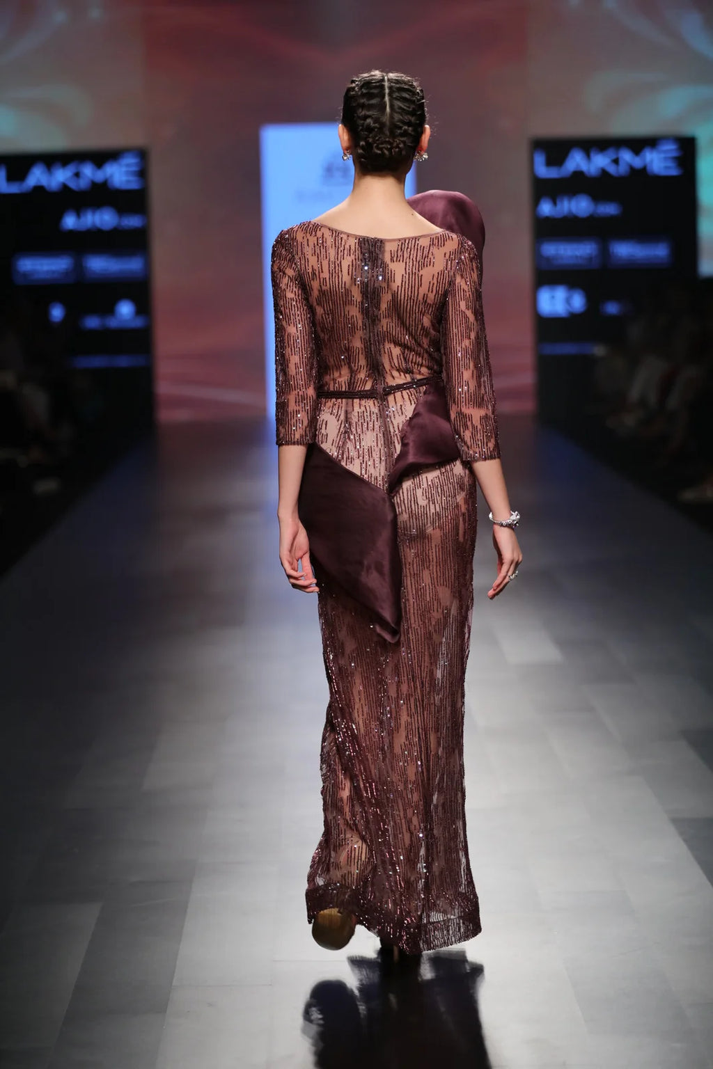 Bordeau Tulle Hand Embroidered Gown With Organza Drape | AmitGT Couture