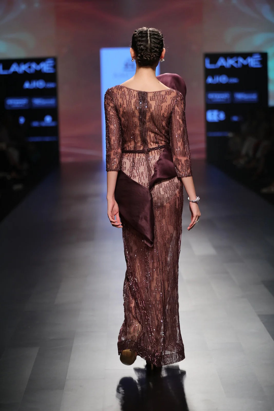 Bordeau Tulle Hand Embroidered Gown With Organza Drape | AmitGT Couture