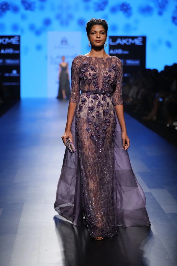 Dark Blue Hand-Embroidered Gown with Organza Train | AmitGT Couture