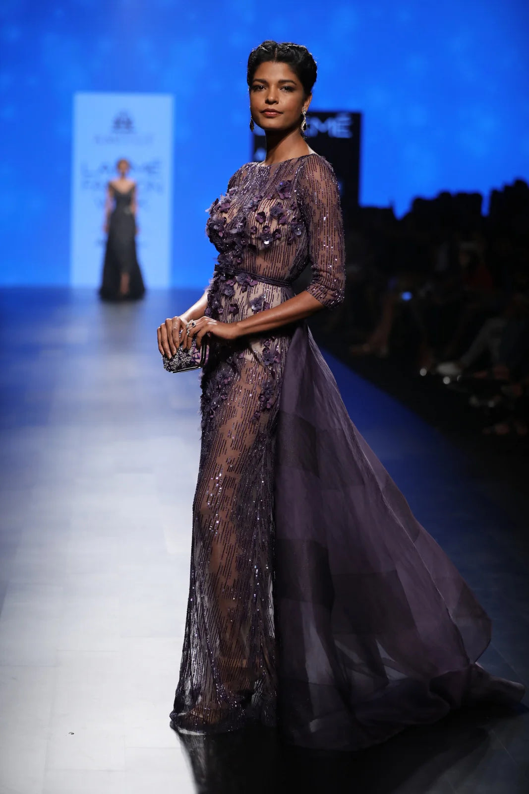 Dark Blue Hand-Embroidered Gown with Organza Train | AmitGT Couture