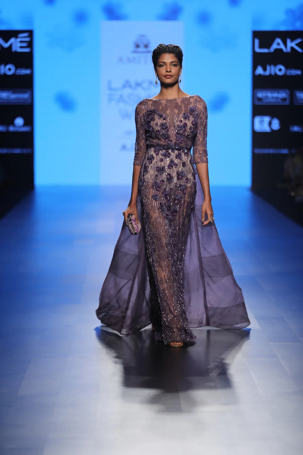 Dark Blue Hand-Embroidered Gown with Organza Train | AmitGT Couture