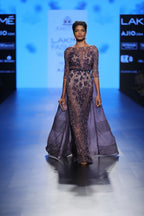 Dark Blue Hand-Embroidered Gown with Organza Train | AmitGT Couture
