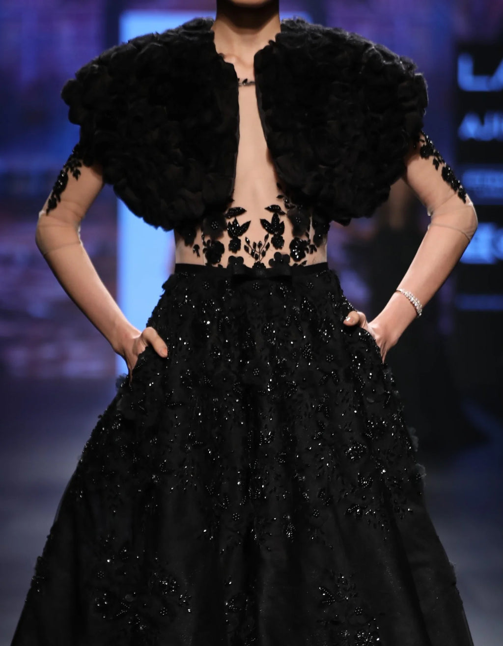 Black Ball Gown Fully Embroidered With Feathers Without Jacket