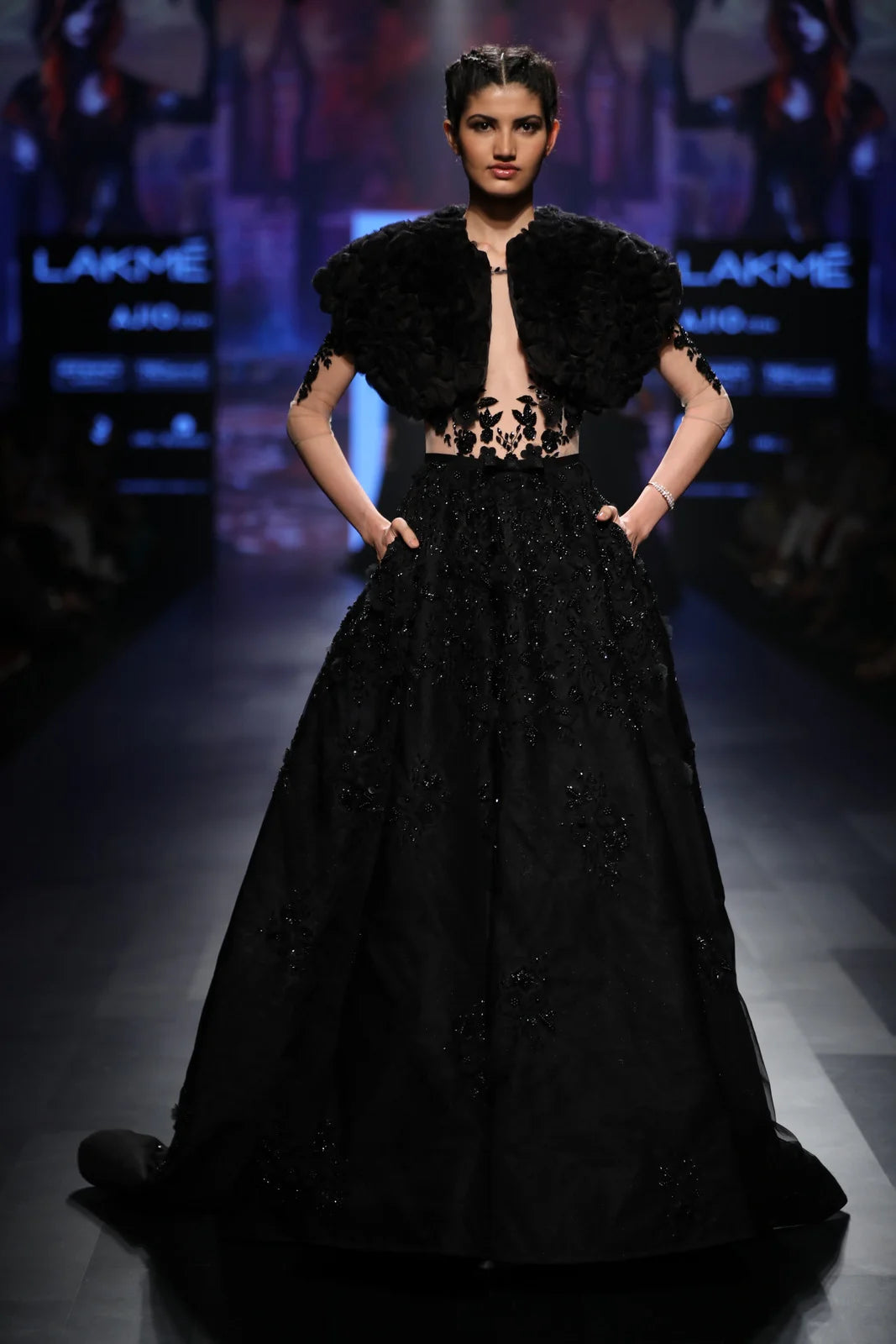 Black Ball Gown Fully Embroidered With Feathers Without Jacket | AmitGT Couture