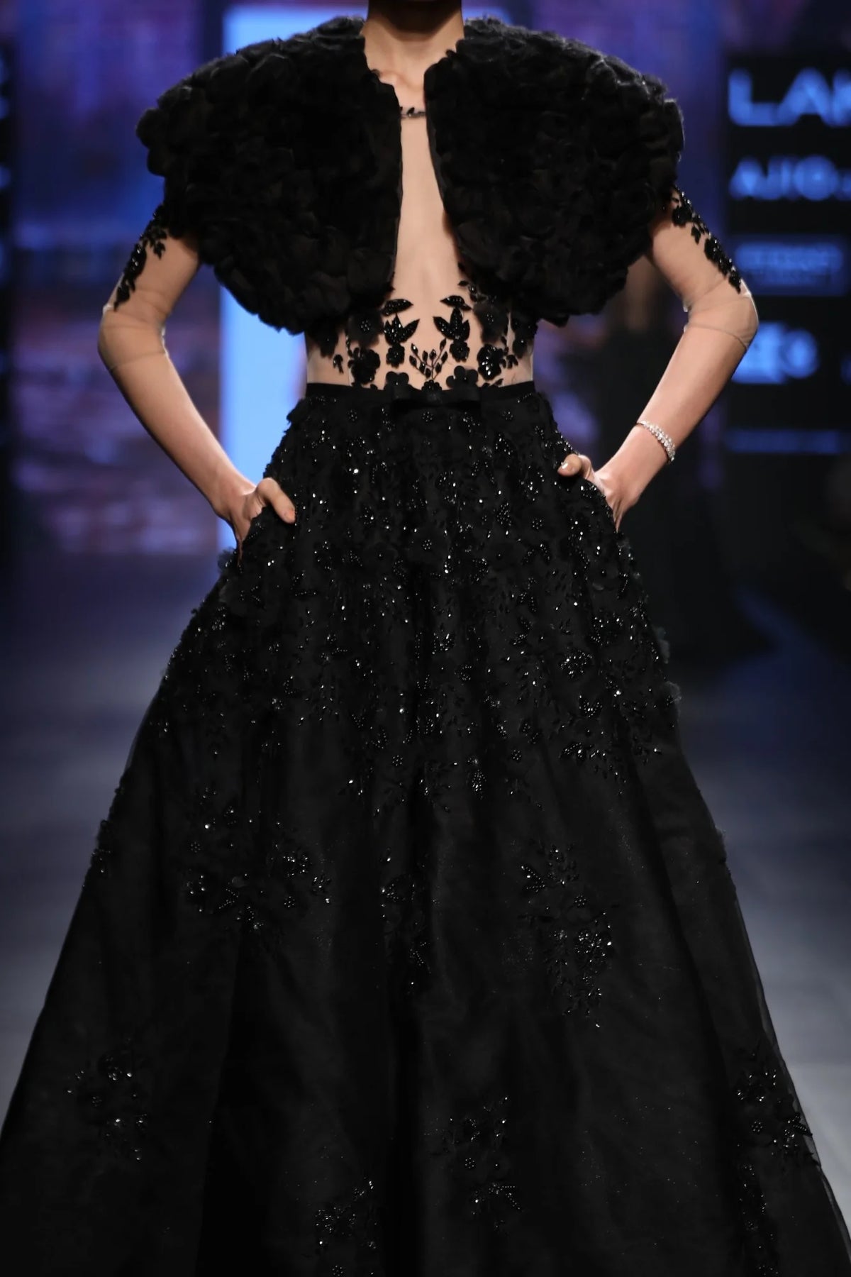 Black Ball Gown Fully Embroidered With Feathers Without Jacket