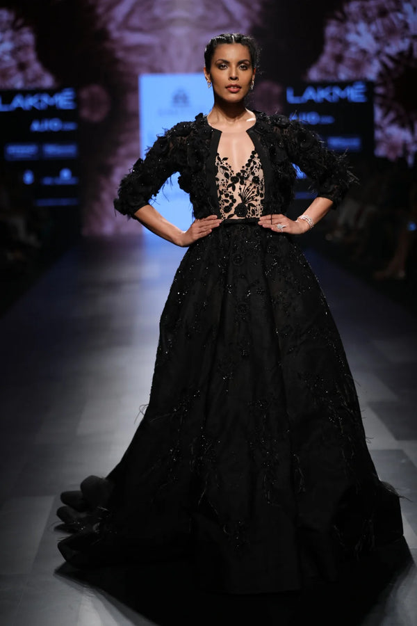 Black Ball Gown Fully Embroidered With Feathers Without Jacket | AmitGT Couture