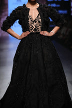 Black Ball Gown Fully Embroidered With Feathers Without Jacket