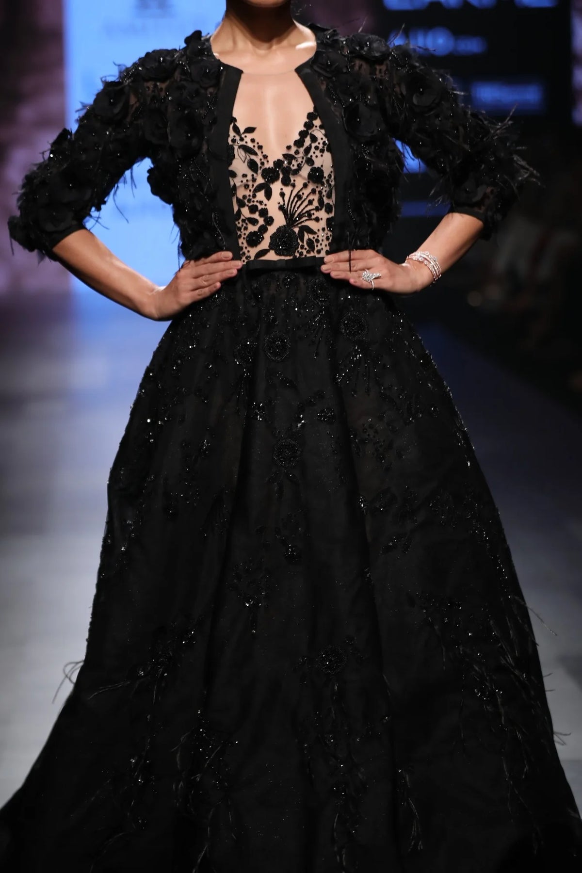 Black Ball Gown Fully Embroidered With Feathers Without Jacket