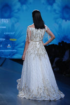 Carmen White Golden Vector Leaf Motif Cocktail Ball Gown  | AmitGT Couture