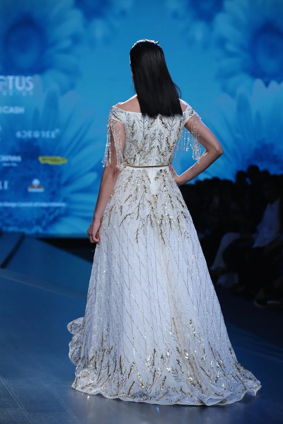Carmen White Golden Vector Leaf Motif Cocktail Ball Gown  | AmitGT Couture