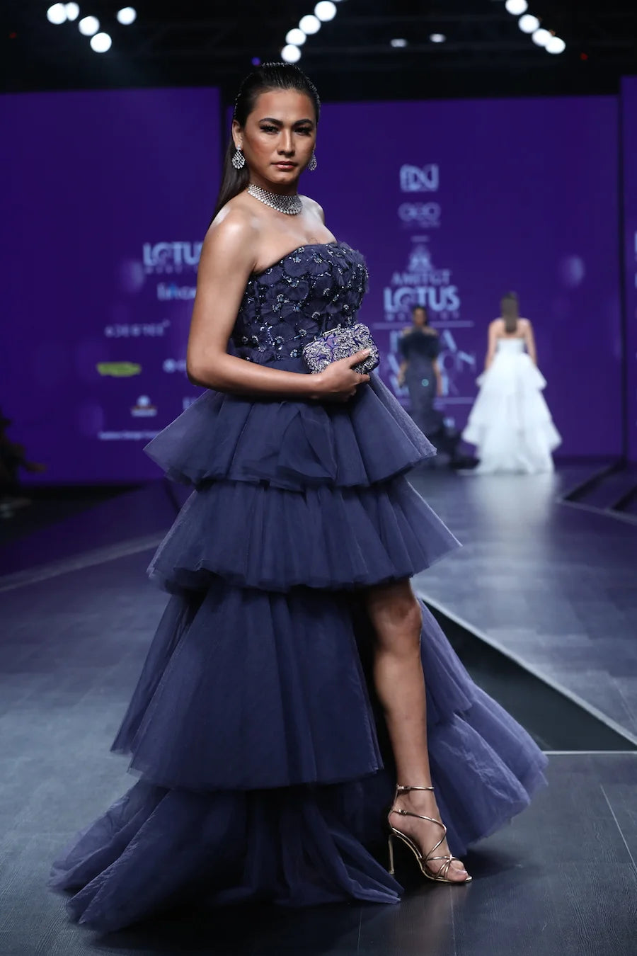 Midnight Blue Tier Draped Fan Pleat Embroidered Ball Gown