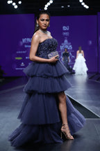 Midnight Blue Tier Draped Fan Pleat Embroidered Ball Gown