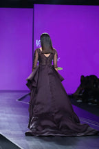 Bordeau Gown With Bird Motif All Over And Tierd Draped Train