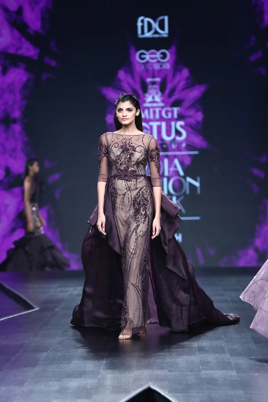 Bordeau Gown With Bird Motif All Over And Tierd Draped Train