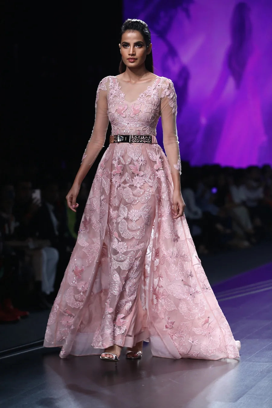 Pink Bird And Carla Lily Motif Fully Hand Beaded Gown
