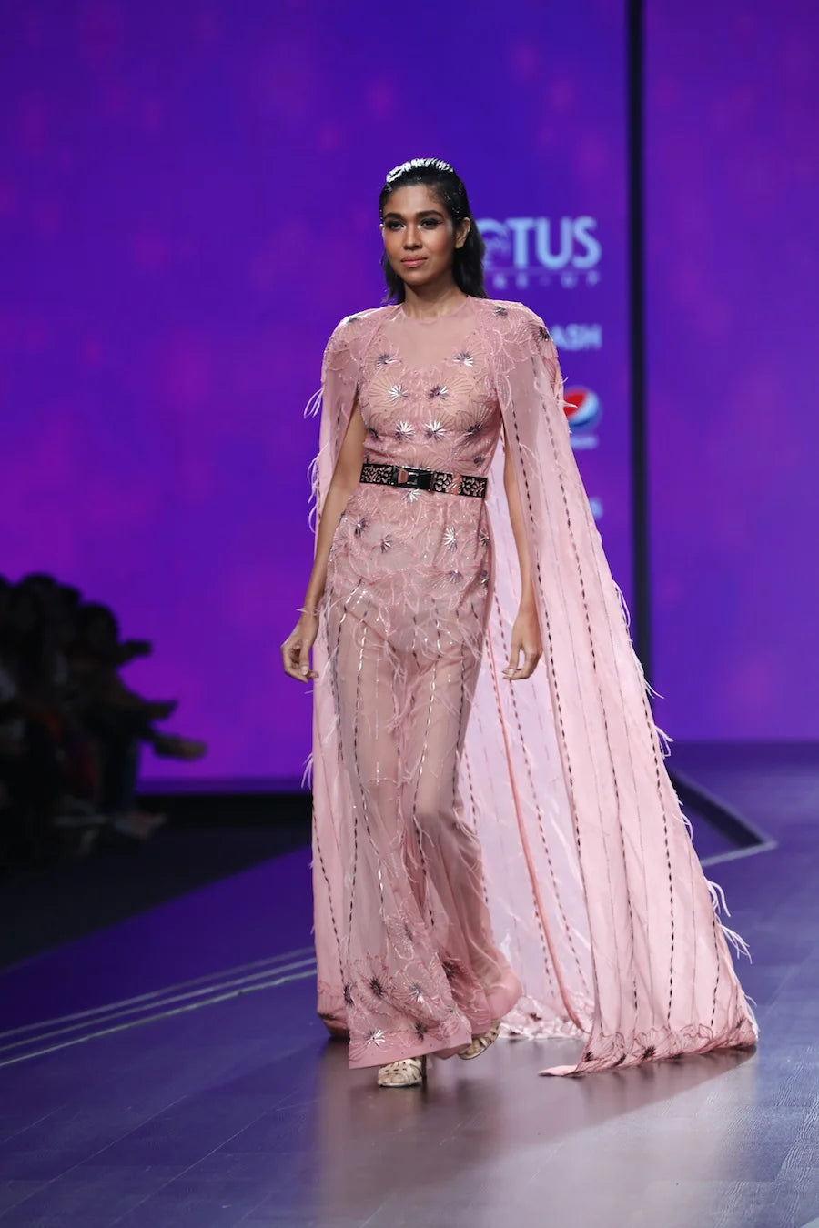 Light Pink Cape Gown With Foiled Flowers
