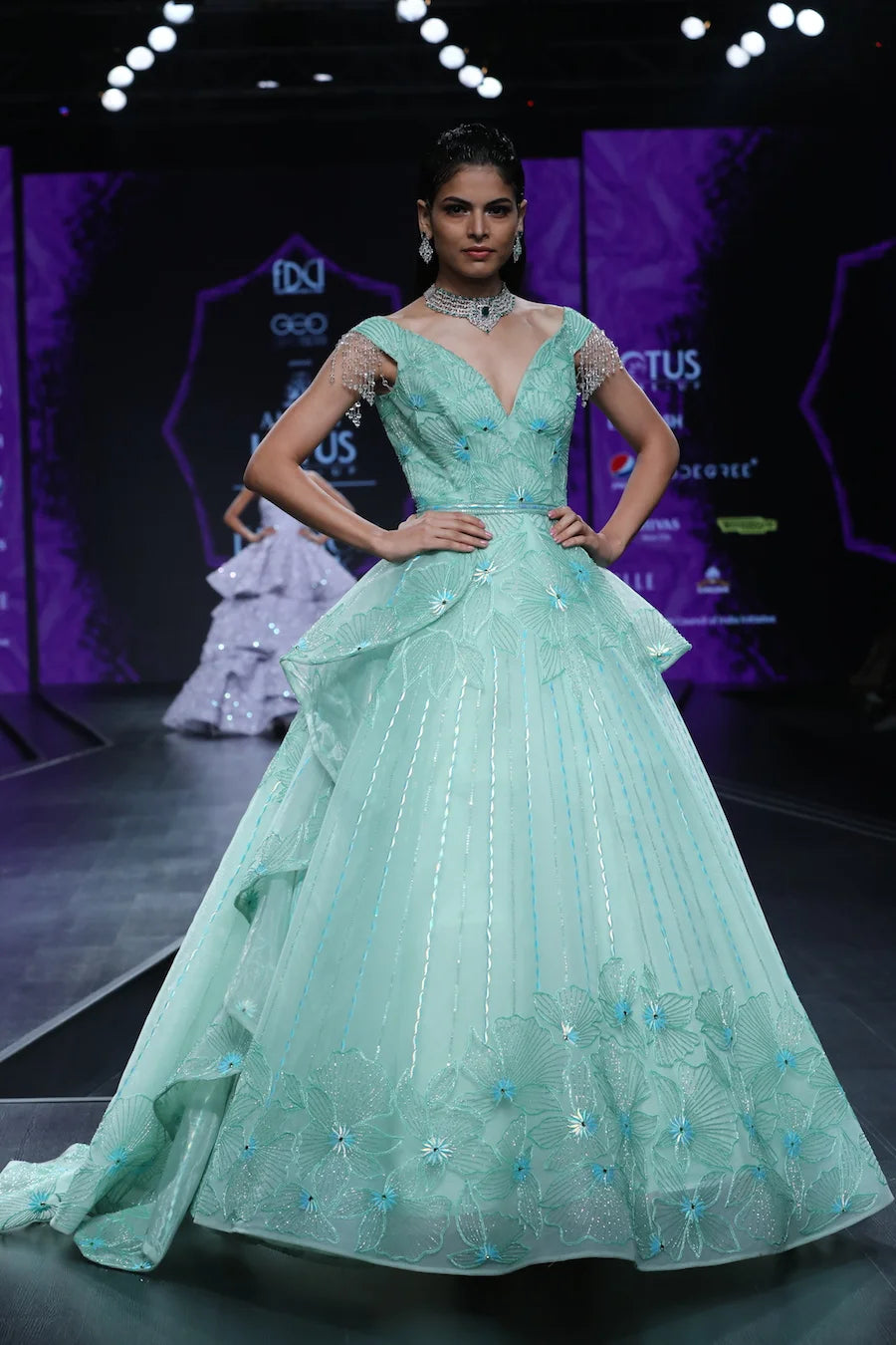 Seagreen Tiered Draped Ball Gown With Carla Lily Motif