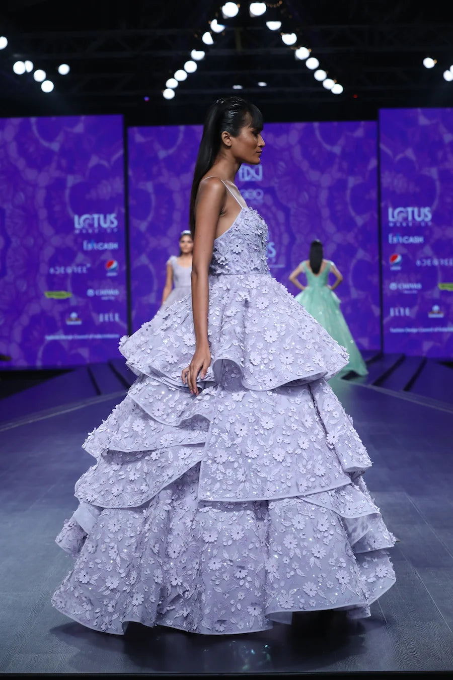 Mauve Tiered Gown With 3D Flower Applique Embroidery