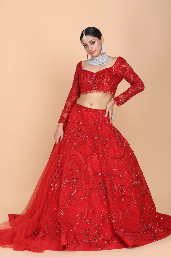 Sparkling Bridal Lehenga Set with Sequin, Beads, Stones and Crystals - AmitGT Couture