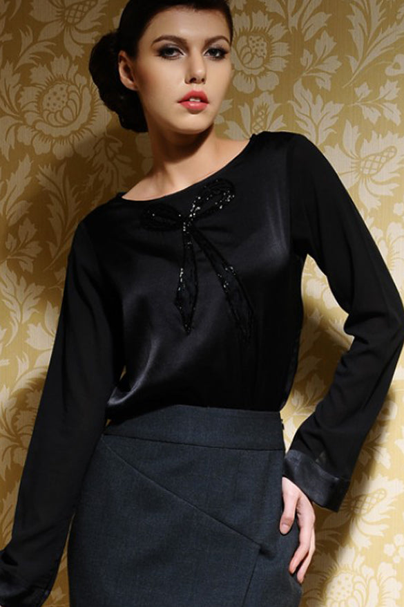Embroidered Bow Tie Detail Top - Handcrafted Luxury Fashion | AmitGT Couture