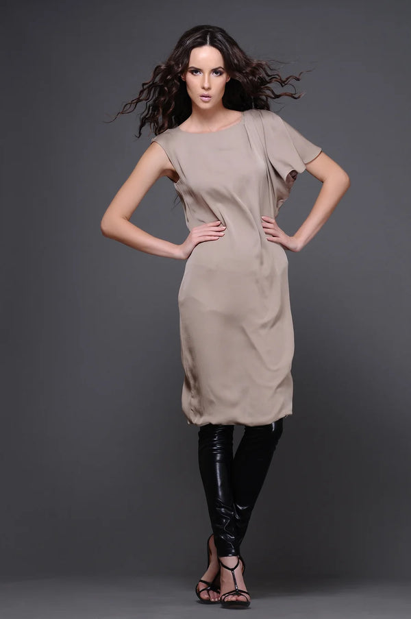 Beige Assym Dress - Handcrafted Luxury Fashion | AmitGT Couture